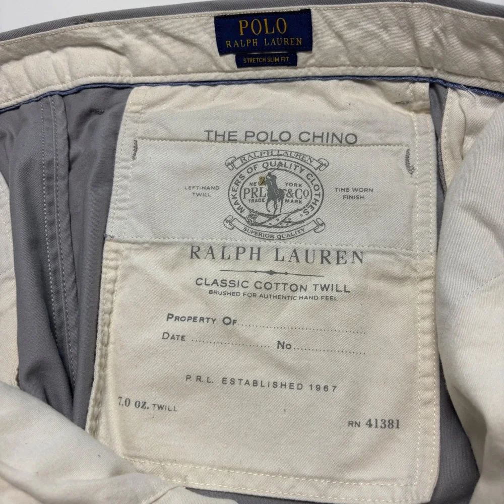 Polo Ralph Lauren Stretch Slim Fit Chino Pant Mens 34x32 Gray Cotton Twill - Picture 7 of 9